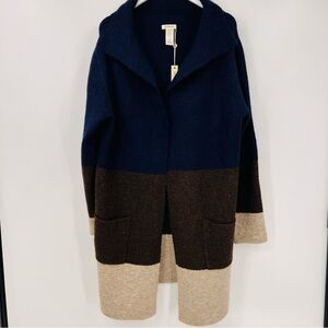 Max Studio Navy, Brown, and Tan Colorblock Cardigan